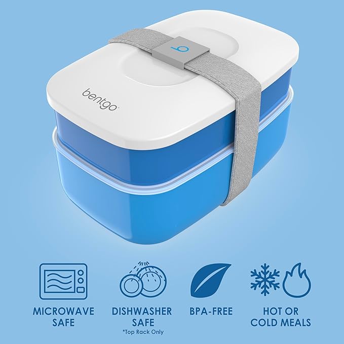Bentgo Classic - Adult Bento Box, Stackable 3-Compartment Lunch Box with Removable Utensil Set and Sealing Strap, BPA-Free, Food Container Ideal for Meal Prep, Work, and On the Go (Blue)