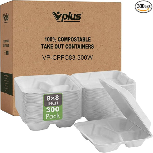 Vplus 300 PACK 100% Compostable Clamshell Take Out Food Containers, 8 inch x 8 inch Eco-Friendly Disposable, 3 Compartment, Heavy-Duty Bagasse To-Go Containers for Next Day Lunch, Potluck Party