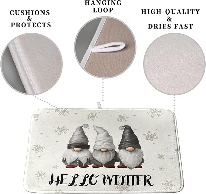 Winter Gnome Dish Drying Mat for Kitchen Counter 16x18 Christmas Snowflakes Santa Kitchen Drying Mat Hello Winter Dish Drainer Mat Super Absorbent Dish Rack Mat for Coffee Bar Countertop