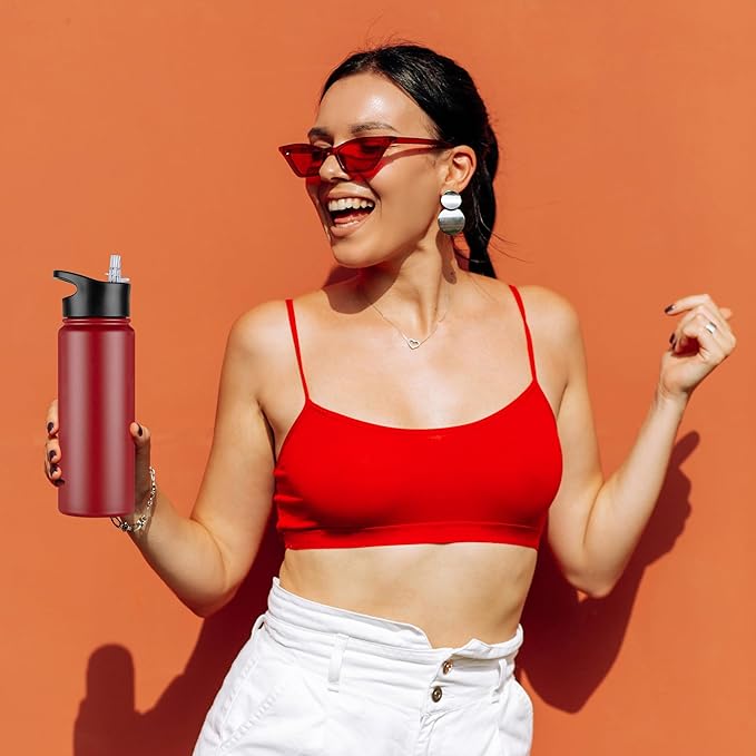 24 oz Insulated Water Bottle Bulk 4 Pack, Stainless Steel Sports Water Bottles with Straw Lid & Wide Mouth Lids, Double Walled Vacuum, Leak Proof, Red