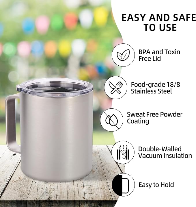 Volhoply 14oz Insulated Stainless Steel Coffee Mug with Leakproof Lid,Double Wall Vacuum Travel Coffee Cup with Handle,Reusable Metal Cups Tumbler,Camping Mugs Keep Hot,Ideal Gifts(Silver,1)