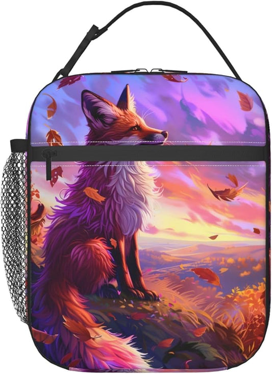 Stunning Sunset Fox Lunch Box for Women Girls Kids, Insulated Cooler Lunch Bag with Fall Leaf for School, Picnic, Office, Travel, Work, Portable Reusable Polyester Thermal Tote Lunch Bags