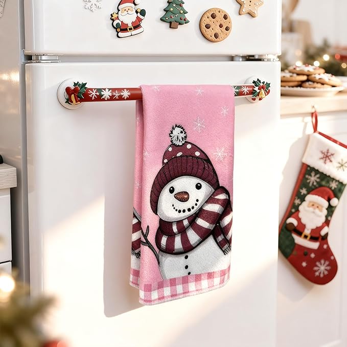 Pink Buffalo Plaid Christmas Kitchen Towels Set of 2 | 18x26 Inch Dish Towels with Snowman & Tree Holiday Decor for Winter Home & Bath