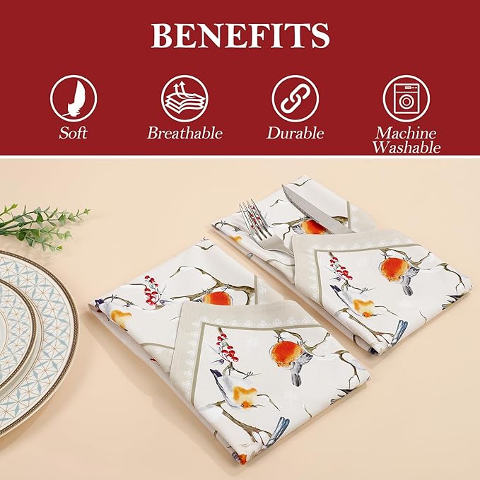Winter Birds Napkins, 18×18 Inch Vintage Dinner Cloth Napkins Set of 4, Washable Cotton Soft Absorbent Square Napkins for Dining Kitchen Party Wedding Decoration