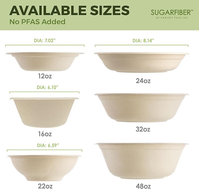 [1000 Count]Harvest Pack 22oz Round Bowls PFAS Free with PLA coating with PET Lid, Heavy-Duty Eco-Friendly Disposable Bagasse Sugarcane Bowl for Meal Prep