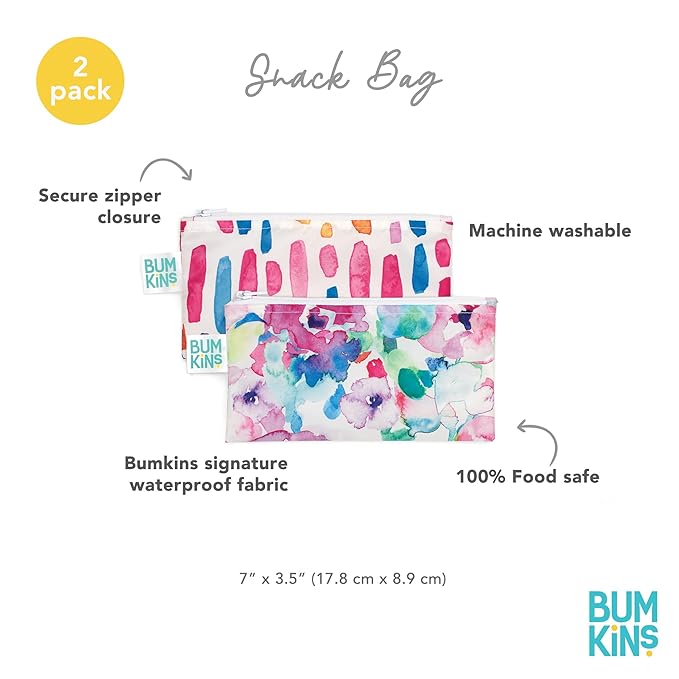 Bumkins Reusable Snack Bags, for Kids School Lunch and for Adults Portion, Washable Fabric, Waterproof Cloth Zip Bag, Supplies Travel Pouch, Food-Safe, 2-pk Watercolors and Brushstrokes