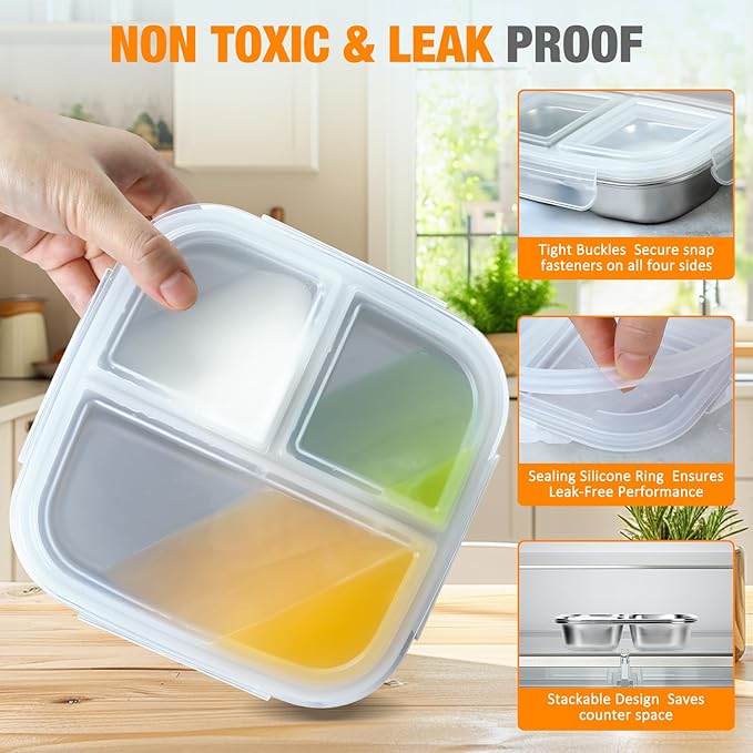 RAOOKIF Stainless Steel Snack Container 7 X 7 inch, 3 Compartment Reusable Snack Containers With Lids, Grab and Go Snack Box for Schools, Homes, Offices, and Camping, Dishwasher-Safe