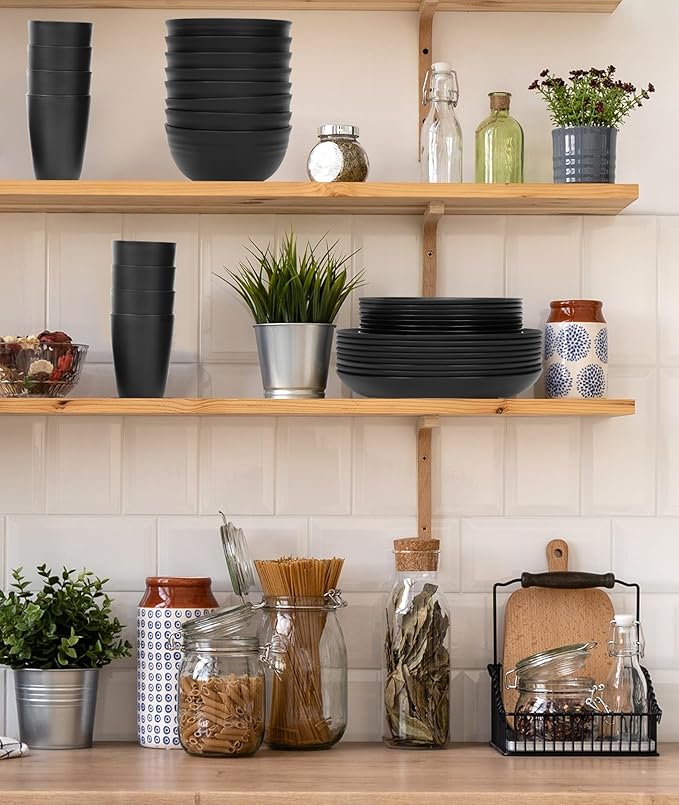 Quatish 32 Piece Plates and Bowls Sets for 8, Unbreakable Dinnerware Sets, Plastic Dish Set for Camping, Dishwasher Microwave Safe, Outdoor Kitchen and Apartment Dinning RV Essentials, Black