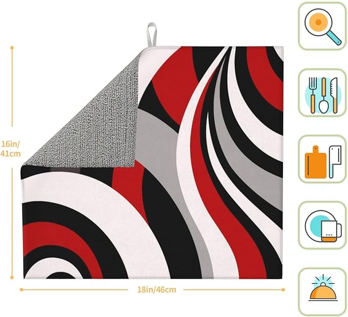 Red Black White and Grey Swirl Microfiber Dish Drying Mats, Absorbent Modern Decorative Kitchen Counter Mat, 16 x 18 inch, Polyester, Washable, Reusable, Foldable, for Dishes Utensils Small Appliances