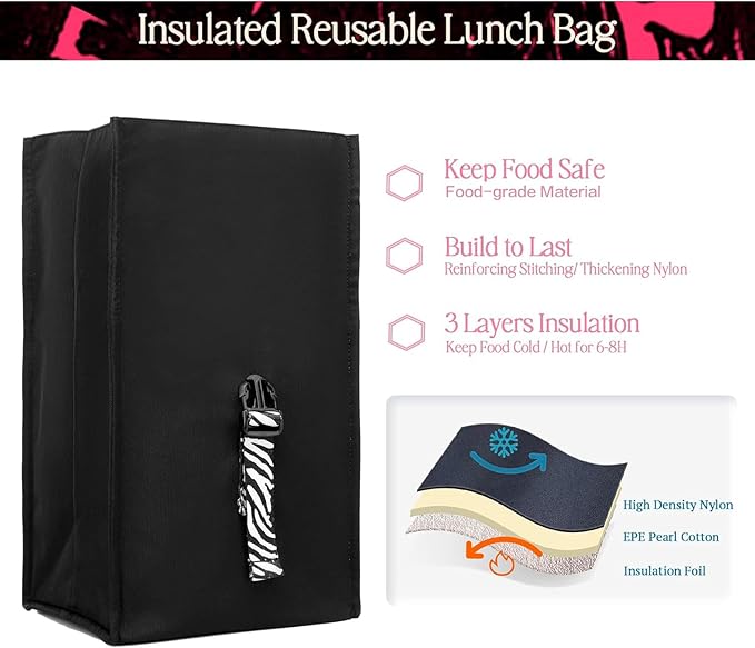 SUNNY BIRD Insulated Lunch Bag Rolltop Lunch Box Tote Bag for Women, Men, Adults and Teens (Black with white strap)