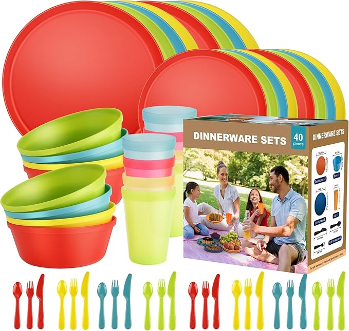 Tropical Plastic Dinnerware Set – 40-Piece Colorful Unbreakable Plates & Bowls for 8 with Cups, Forks, Knives, Spoons – Reusable Kids Dishes for Party, Camping, Picnic, Daily Use