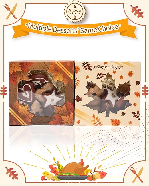 qiqee Thanksgiving Bakery Box with Window 60packs 6x6x3 Gold Leaves Cookie Boxes Pastry Box for Thanksgiving Day