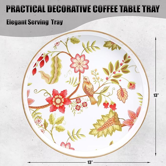 Spsyrine Decorative Serving Tray with Handles, Lacquered Coffee Table Tray for Ottoman, Round Waterproof Platters for Centerpieces, Parties, Living Room, Kitchen Counter Organization Yellow