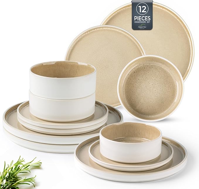 AmorArc Ceramic Dinnerware Sets, Handmade Reactive Glaze Stoneware Plates and Bowls Sets,Highly Chip and Crack Resistant | Dishwasher & Microwave Safe Dishes Set, Service for 4 (12pc)