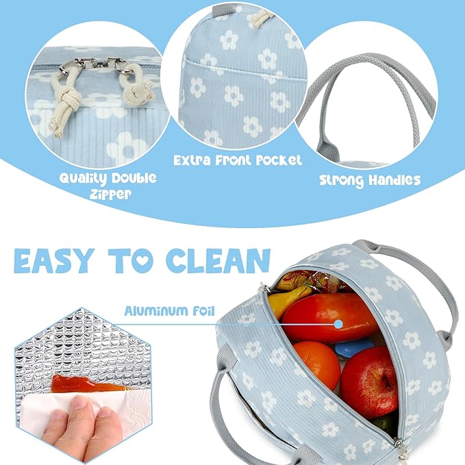 Bluboon Lunch Bag for Women Men Cute Corduroy Lunch Tote Bags Reusable Insulated Lunch Box Large Capacity Reusable Insulated Cooler for Work Picnic or Travel