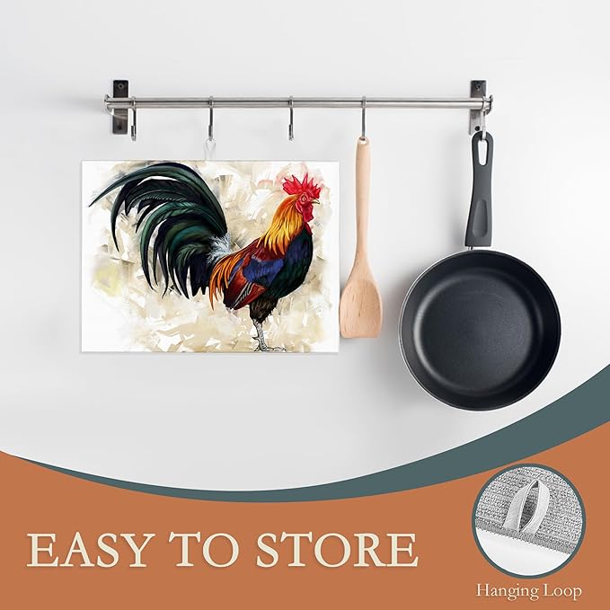 Rooster Dish Drying Mat for Kitchen Counter Decor,Farm Animal Watercolor Dish Drying Rack Pad Absorbent Reversible Microfiber for Coffee Tableware Sink Countertop 18x24 Inch