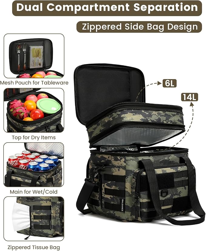 RalChyez Tactical Lunch Bag, 20L Large Heavy Duty Double Deck Insulated Lunch Box Leakproof Expandable Tote Cooler with Shoulder Strap for Adult Men Women Work Fishing Picnic Travel Ocp Camo