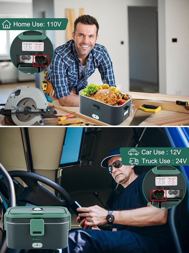 Buddew Electric Lunch Box for Adults, 80W Heated Lunch Box 1.8L Stainless Steel Portable Food Warmer,12/24/110V Lonchera Electrica Portatil for Travel & Work, Loncheras para Hombres de Trabajo