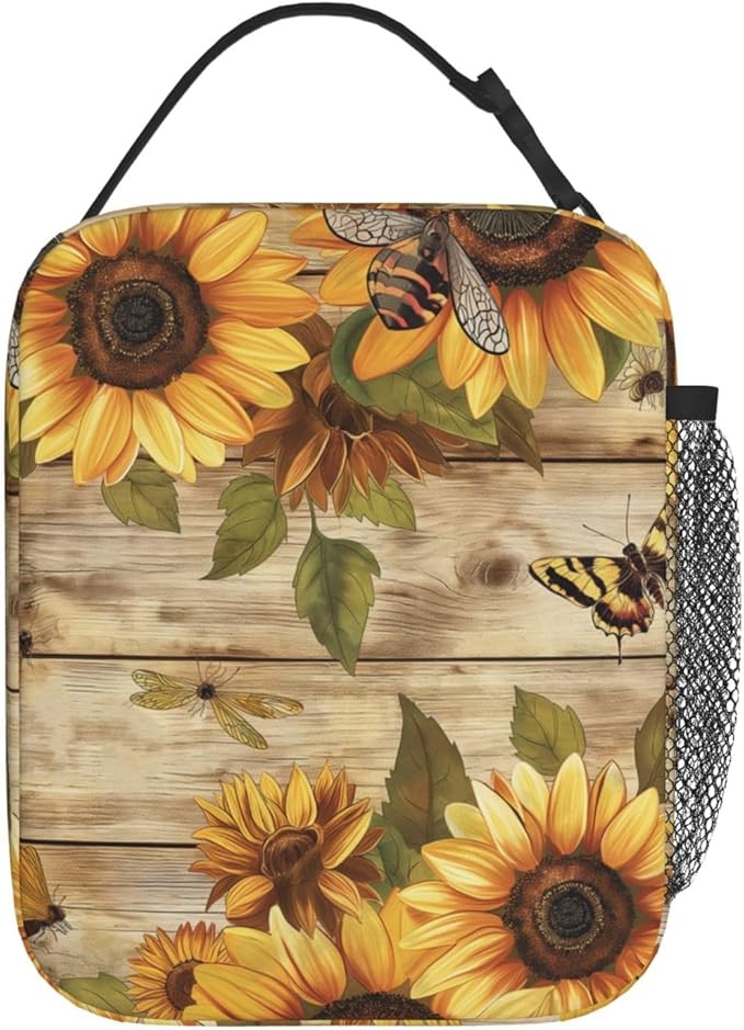 Sunflower Lunch Box for Adults Women Girls Boys Kids Farmhouse Wooden Lunch Box Insulated Cooler Reusable Lunch Bag Container Gifts for Work Office Picnic Travel School