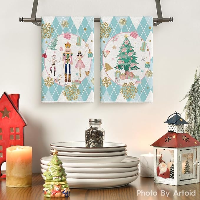 Artoid Mode Blue Nutcrackers Tree Christmas Kitchen Towels Dish Towels, 18x26 Inch Gift Box Snowflake Winter Decoration Hand Towels Set of 2