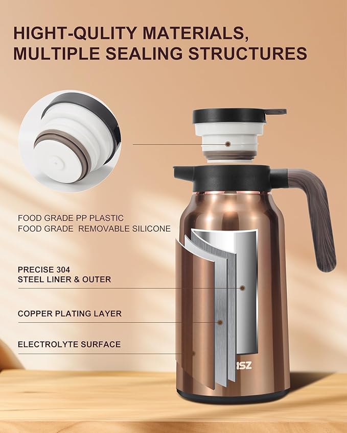 Thermal Coffee Carafe 70 oz - 36 Hour Hot (Fullness of Carafe) Carafes for Hot Liquids-Insulated Coffee Carafes For Keeping Hot/Cold Coffee, Tea, Water, Drink Dispenser for Parties(Gold)