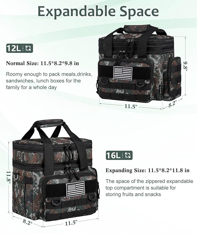 Tactical Lunch Box for Men, Expandable Large Insulated Lunch Bag for Adult, Heavy Duty Double Deck Lunch Cooler Bag with Shoulder Strap, Leakproof Soft Lunch Pail with American Flag - Green Camo