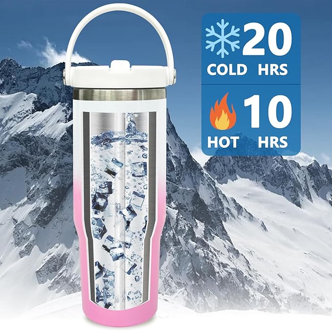 30 oz Tumbler with Handle and Straw, Vacuum Insulated Tumblers with Flip Straw and Top Handle, Leakproof Tumbler, Stainless Steel Travel Mug for Coffee Water, Cold for 20 Hours(Pink White Gradient)