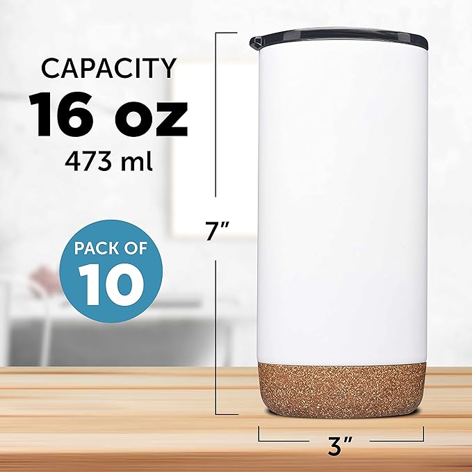 DISCOUNT PROMOS Travel Tumblers with Cork Bottom 16 oz. Set of 10, Bulk Pack - Double Wall Insulated, Matte Finish, Perfect for Iced Coffee, Soda, Other Beverages - White