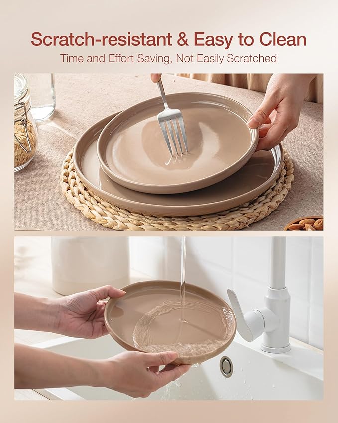 Famiware Milkyway Dinnerware Set with Mugs, Service for 4 (16pcs), Ribbed Stoneware Plates and Bowls Dishes Sets - Chip & Scratch Resistant, Microwave & Dishwasher Safe, Cinnamon Brown