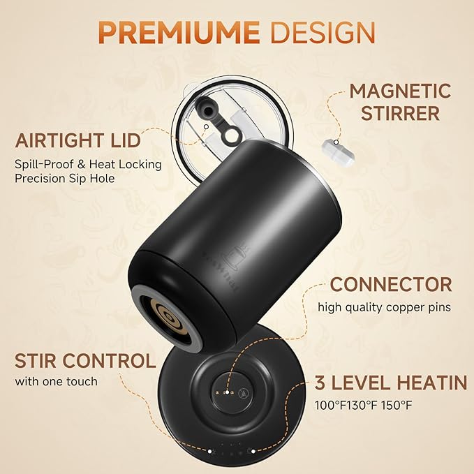 Temperature Control Self Stirring Coffee Mug with Lid, Automatic Heated Coffee Milk Cocoa Cup, Black 11 oz Smart Stainless Steel Mug Warmer with USB Type-C