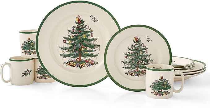 Spode Christmas Tree 12-Piece Dinnerware Set (Service for 4) - Festive Holiday Tableware with Plates & Mugs - Fine Earthenware Christmas Dinnerware - Microwave & Dishwasher Safe