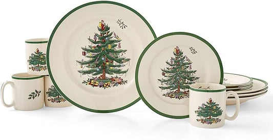 Spode Christmas Tree 12-Piece Dinnerware Set (Service for 4) - Festive Holiday Tableware with Plates & Mugs - Fine Earthenware Christmas Dinnerware - Microwave & Dishwasher Safe