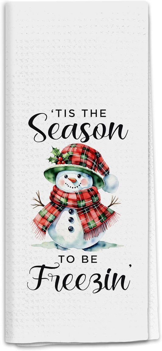 Winter Christmas Snowman Kitchen Towels, Farmhouse Winter Dish Tea Towels for Kitchen, Red and Green Checkered Christmas Decorative Hand Towel for Bathroom, 16x24 Inch