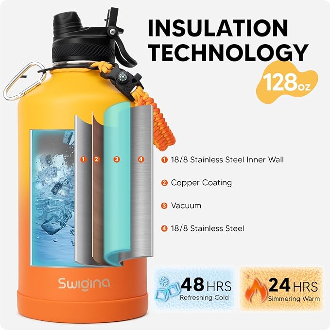 [2-IN-1 LID] Gallon Insulated Water Bottle with Silicone Boot (48hrs Cold/24hrs Hot) - DIY Stickers, Leakproof, BPA Free, 128 oz