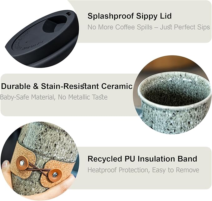 Travel Coffee Mug, Reusable Coffee Cup with Lid, Microwave & Dishwasher Safe, Camp Mug with Spill Proof Lid, Ceramic Camp Tumbler for Men and Women, 8.5oz