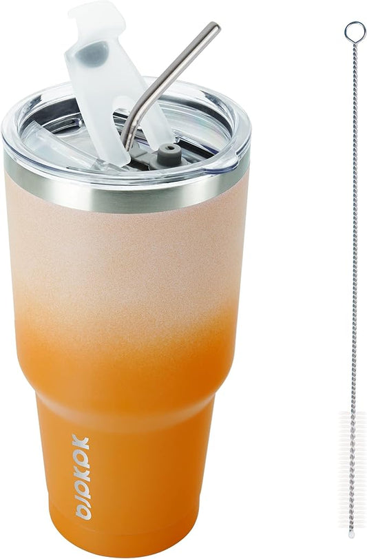 BJPKPK 30oz Stainless Steel Vacuum Insulated Tumbler Set Double Wall Travel Mug Coffee Cup with Metal Straws, Splashproof Lids,Coral
