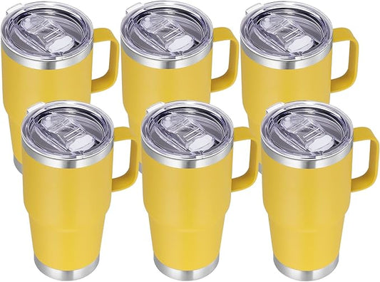 VEGOND 20 oz Tumbler Bulk with Handle Lid and Straw, Stainless Steel Insulated Travel Coffee Mug Set, Spill Proof Double Wall Metal Tumblers Cups, Yellow 6 Pack
