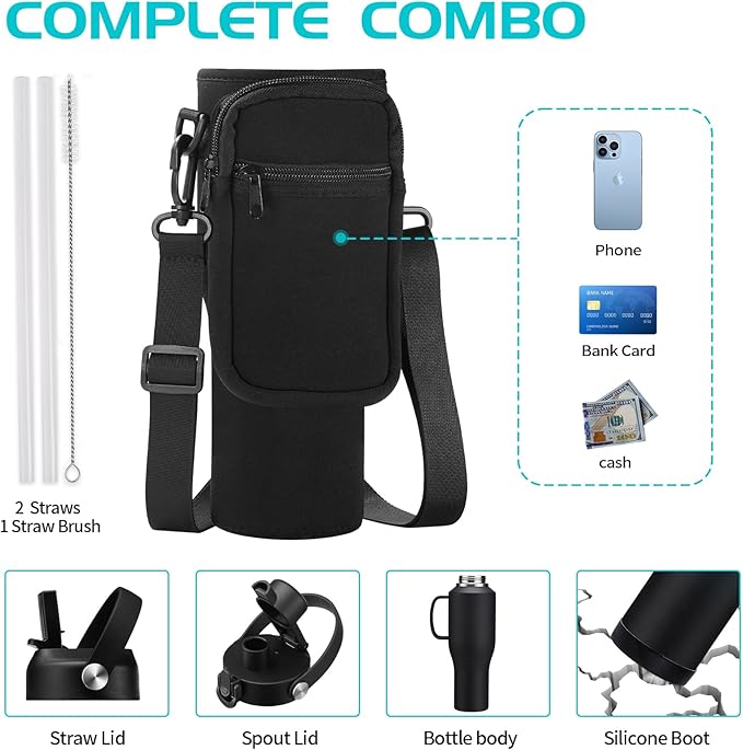 40oz Insulated Water-Bottle with Handle - Straw & Auto Chug Lid, Protective Boot, Carrier Bag, Stainless Steel Water Bottle, Leak-proof Coffee Tumbler, Skinny Flask Fit in Car Bike Cup Holder