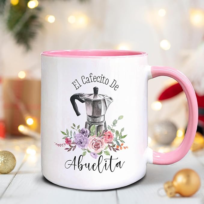 QASHWEY Abuelita Gifts Coffee Mugs, Grandma Gifts, Mothers Day Grandma Mug Coffee Tea Cup Gifts for Grandmas SpanishAbuelita, El Cafecito De Abuelita CoffeeCups Ceramic 11oz (Pink)