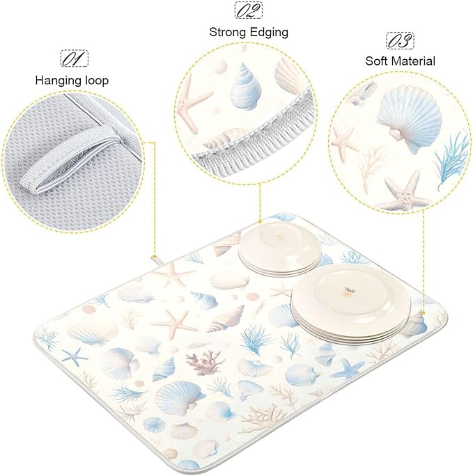 Starfish Corals Shells Dish Drying Mat for Kitchen Counter Super Absorbent Dishes Pad Reversible Microfiber Protector Dish Draining Mats 16x18 inch