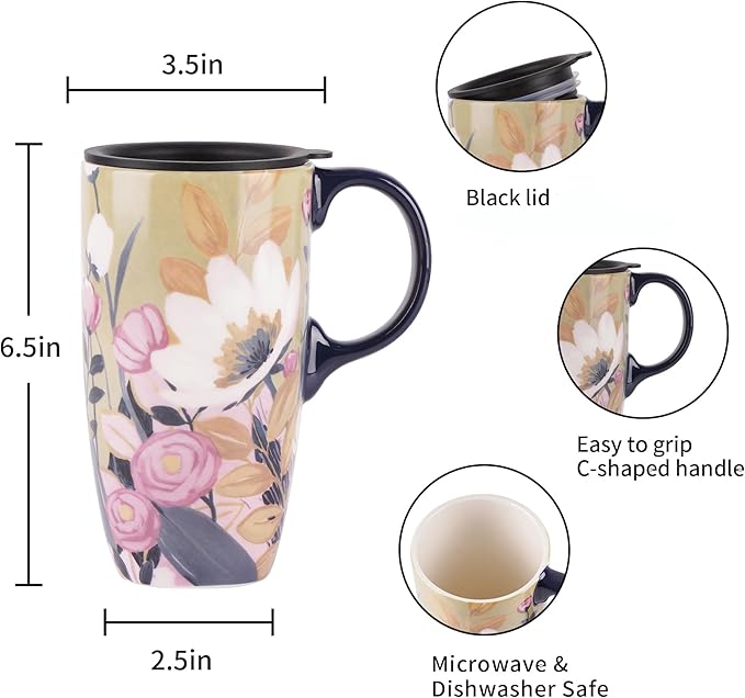 Topadorn Ceramic Mug Coffee Cups with Spill-Proof Lid Latte Mugs for Home and Office with Gift Box,White and Pink Flowers