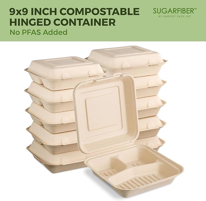[200 COUNT]Sugarfiber by Harvest Pack PFAS FREE 9 X 9" 3 Compartment Compostable Clamshell Takeout Food Containers, Heavy-Duty Hinged, Disposable Bagasse Eco-Friendly Natural Sugarcane to go Box