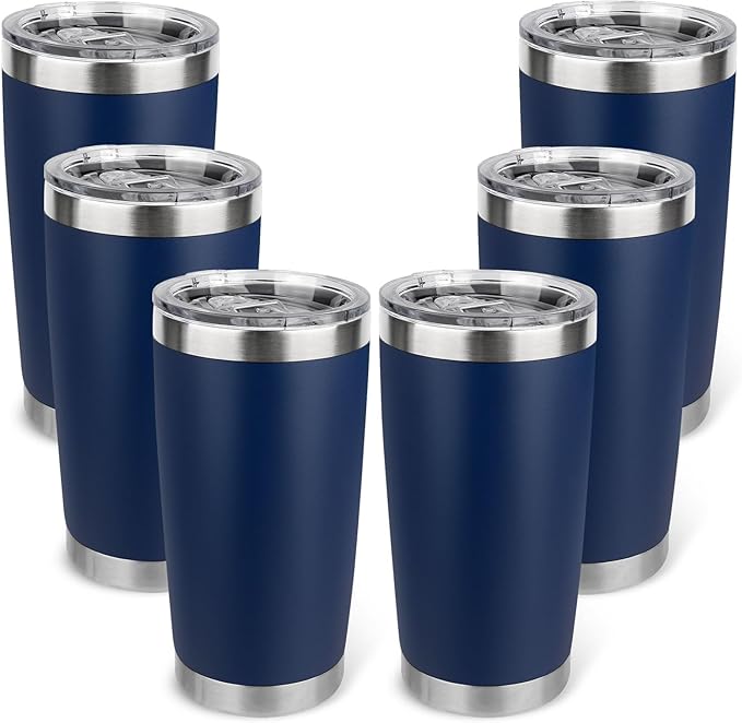20oz Stainless Steel Tumbler Bulk with Lid, Travel Mug - Double Wall Vacuum Powder Coated Cup - Navy Blue, 6 Pack