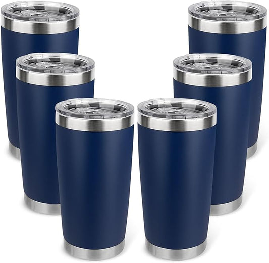 20oz Stainless Steel Tumbler Bulk with Lid, Travel Mug - Double Wall Vacuum Powder Coated Cup - Navy Blue, 6 Pack