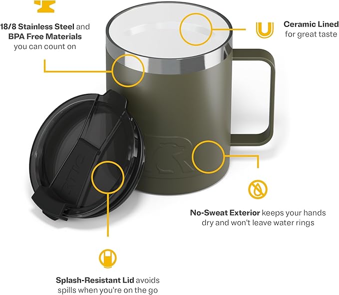 RTIC 12oz Essential Coffee Mug with Lid and Handle, Insulated, Ceramic Lined, Stainless Steel, Metal, Double Wall Vacuum-Insulation, Portable, Travel Cup for Hot and Cold Drink, Olive