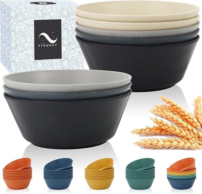 PYRMONT 36 OZ Cereal Bowls - Wheat Straw Sets of 8 Reusable Unbreakable Plastic for Soup, Salad, Rice, Noodles - Microwave & Dishwasher Safe - Black to Grey