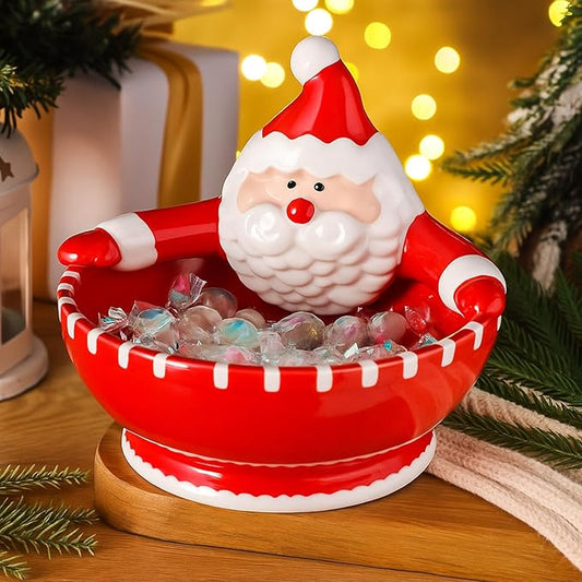 Santa Claus Candy Bowl Christmas Ceramic Snack Dish with Santa Hug Design, 6.5 Inch Holiday Dip Bowl for Candy, Nuts, Treats, Table Ornament or Gift