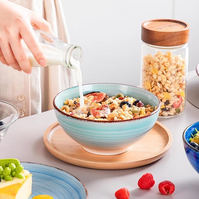 vancasso Bonita Dinnerware Set 24 Pieces Blue Stoneware Service for 6, Handpainted Spirals Pattern Stoneware Combination Set