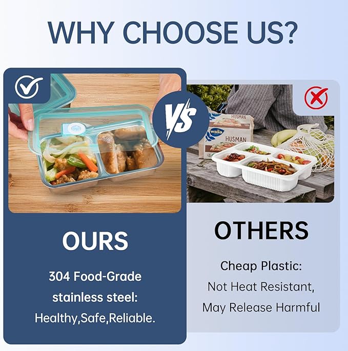 Stainless Steel Snack Containers, 2 PCS Grab and Go Double Compartment Container, Reusable Snack Containers with Lids for Outdoor Camping Food Storage