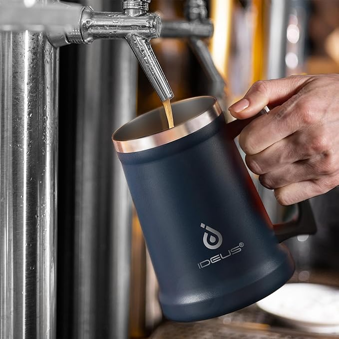 Ideus Insulated Beer Stein, 24/32oz Stainless Steel Double Walled Beer Mug Giant Bar Drinkware Metal Beer Cup with Big Grip Handle (34oz (1,000ml), Navy Blue)